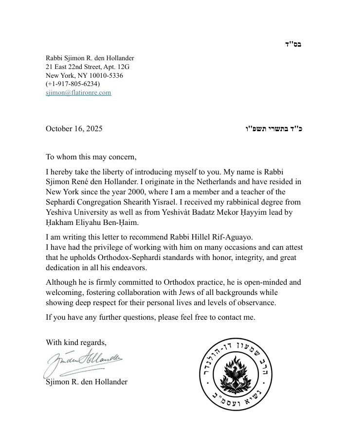 Carta de Rabbi Sjimon R. den Hollander